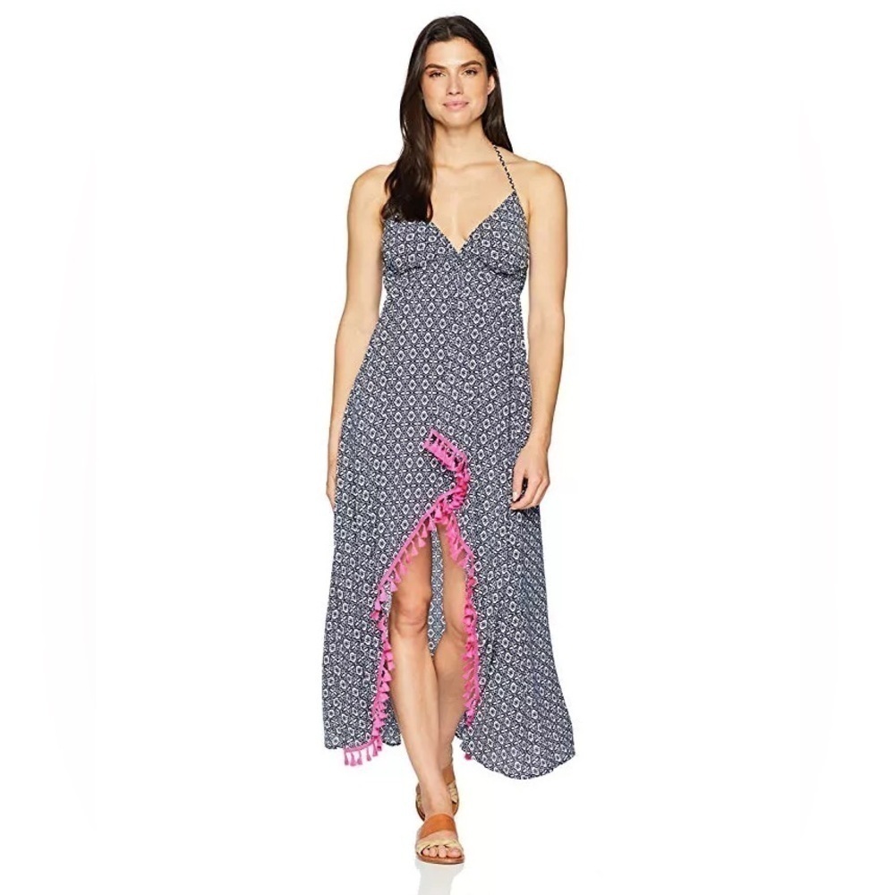 Coastal Blue halter swim coverup tassel fringe trim Small